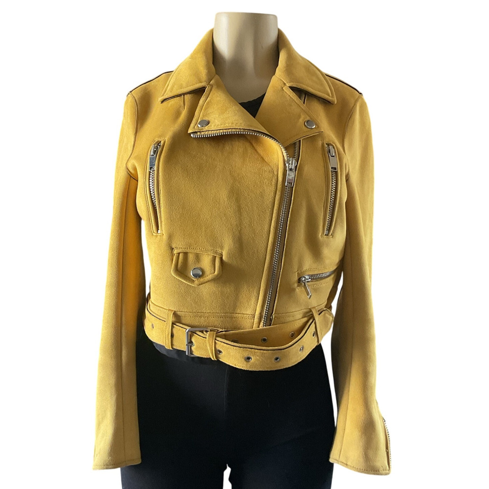 ZARA Mustard Faux Suede Moto Jacket Women’s M Belted Biker Zip Yellow Fall